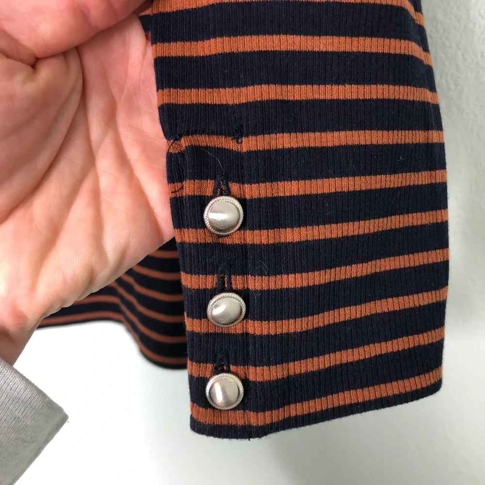 Talbots 2020 Orange & Navy Ribbed Stripe Button Cuff Turtle Neck Size Medium P - Picture 6 of 10